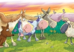children\'s illustration farm animals sunset